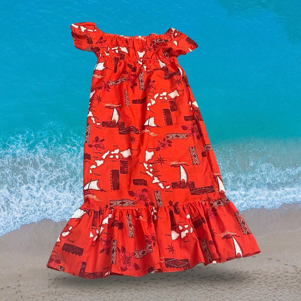 Vintage Island Map Sailboat Mu'umu'u Dress Made in Hawaii BJ&J Mfg Red Midi 12